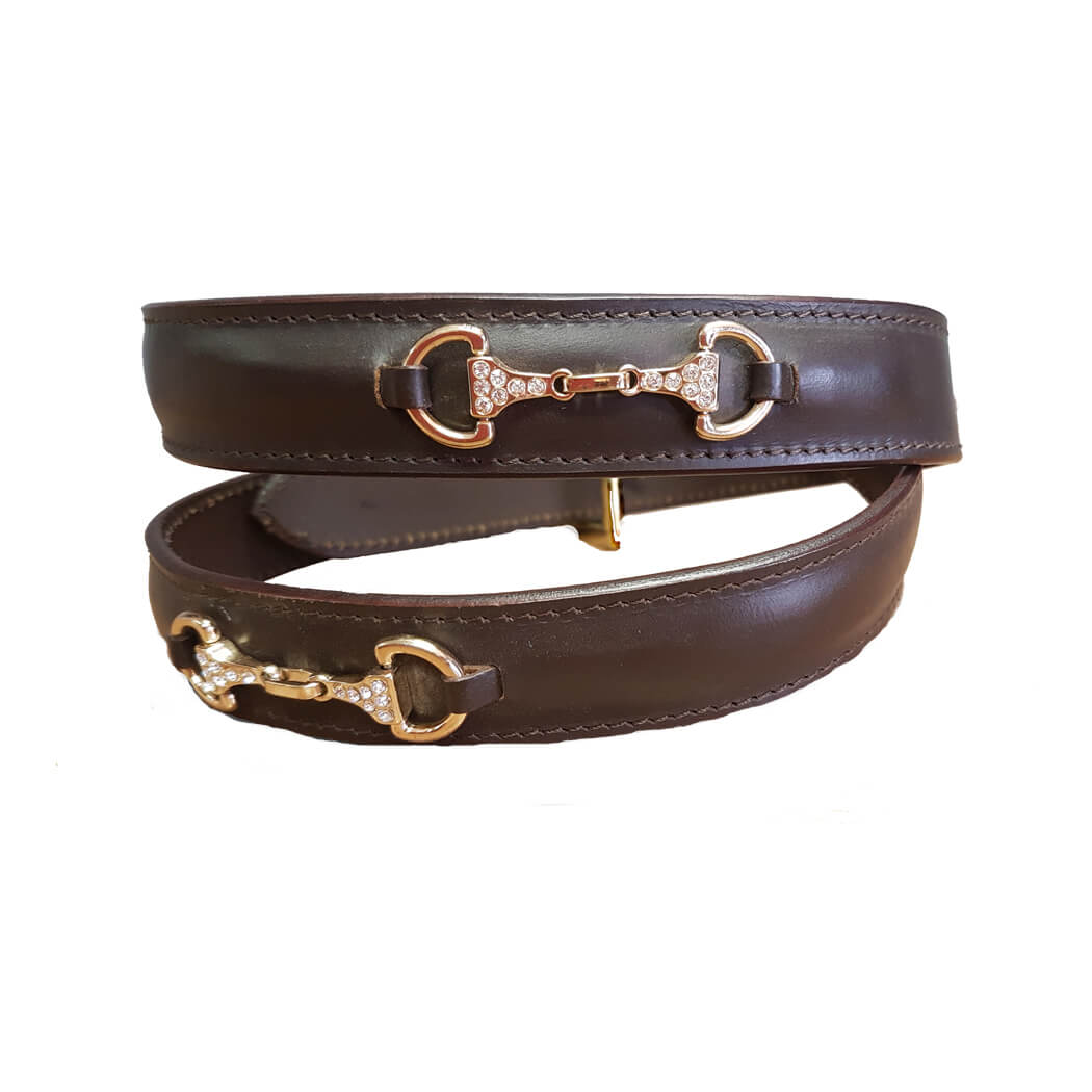 Brown Leather Belt with Crystal Bit Detail