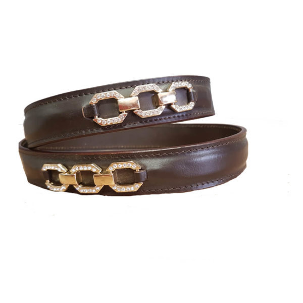 Brown Leather Belt with Gold and Crystal Detail